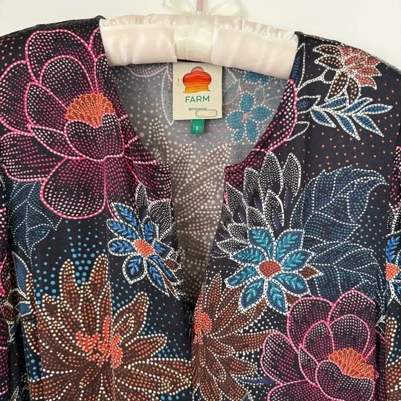 FARM Rio Blue Floral Dot Print Satin Maxi Dress - Long Sleeve, Size S - Picture 12 of 16